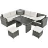 Outdoor 6-Piece All Weather PE Rattan Sofa Set; Garden Patio Wicker Sectional Furniture Set with Adjustable Seat; Storage Box; Removable Covers and Te