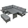 5-Piece Outdoor Patio Rattan Sofa Set; Sectional PE Wicker L-Shaped Garden Furniture Set with 2 Extendable Side Tables; Dining Table and Washable Cove